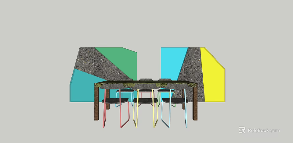 Colorful Dining Table Set With Multicolored Chairs And Geometric Background Panels 3d model 