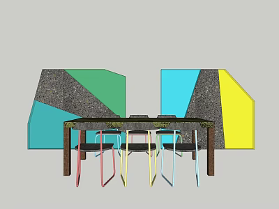 Colorful Dining Table Set With Multicolored Chairs And Geometric Background Panels 3d model
