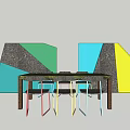 Colorful Dining Table Set With Multicolored Chairs And Geometric Background Panels