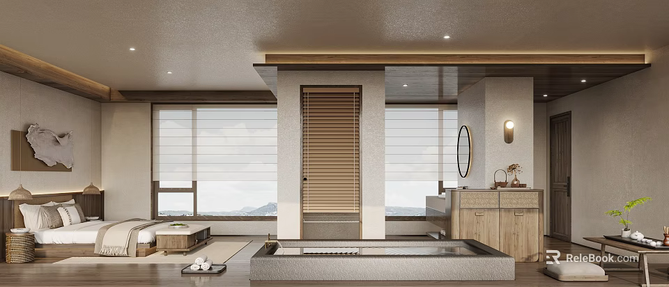 Japanese Style Hotel Guest Room With Tatami Area Wooden Sliding Door Bathtub And Mountain View 3d model 