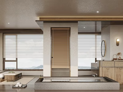 Japanese Style Hotel Guest Room With Tatami Area Wooden Sliding Door Bathtub And Mountain View 3d model