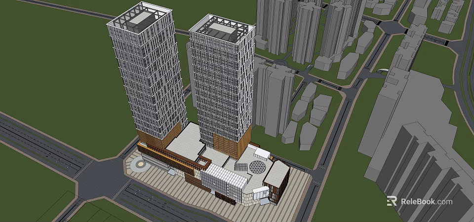 Modern Office Building With Two High Rise Towers In Urban Area Design 3d model 