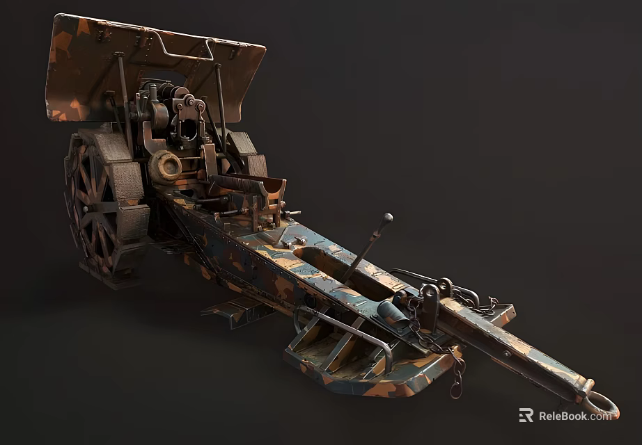 Old Military Artillery Weapon With Long Barrel Camouflage Paint And Wheel Carriage 3d model 