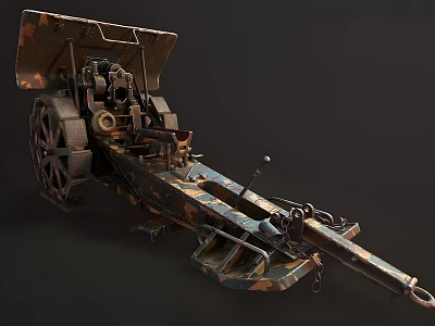 Old Military Artillery Weapon With Long Barrel Camouflage Paint And Wheel Carriage 3d model