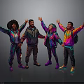 Four People In Colorful Neon Outfits With Arms Outstretched On Reflective Floor Gray Background