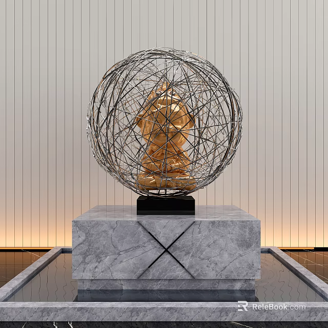 Golden Statue Sculpture Enclosed In Wire Wrapped Sphere On Marble Base With Vertical Striped Wall 3d model 