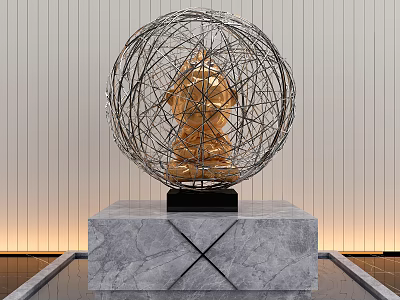 Golden Statue Sculpture Enclosed In Wire Wrapped Sphere On Marble Base With Vertical Striped Wall 3d model