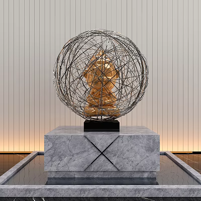 Golden Statue Sculpture Enclosed In Wire Wrapped Sphere On Marble Base With Vertical Striped Wall 3d model