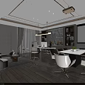 Elegant Modern Restaurant Interior With Marble Floor Chandelier And Dining Chairs