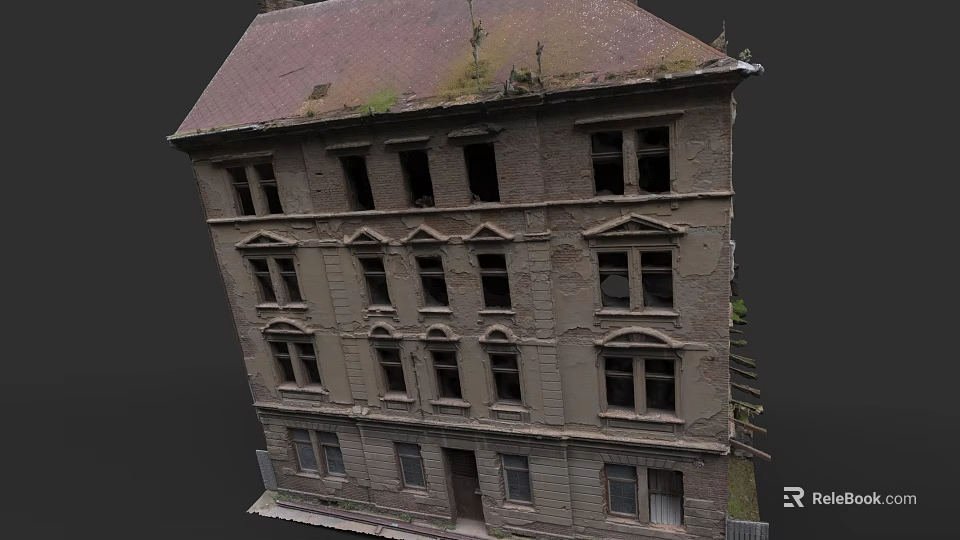 Abandoned Residential Building With Dilapidated Exterior Broken Windows And Overgrown Roof 3d model 