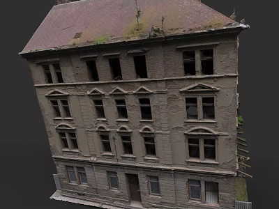 Abandoned Residential Building With Dilapidated Exterior Broken Windows And Overgrown Roof 3d model