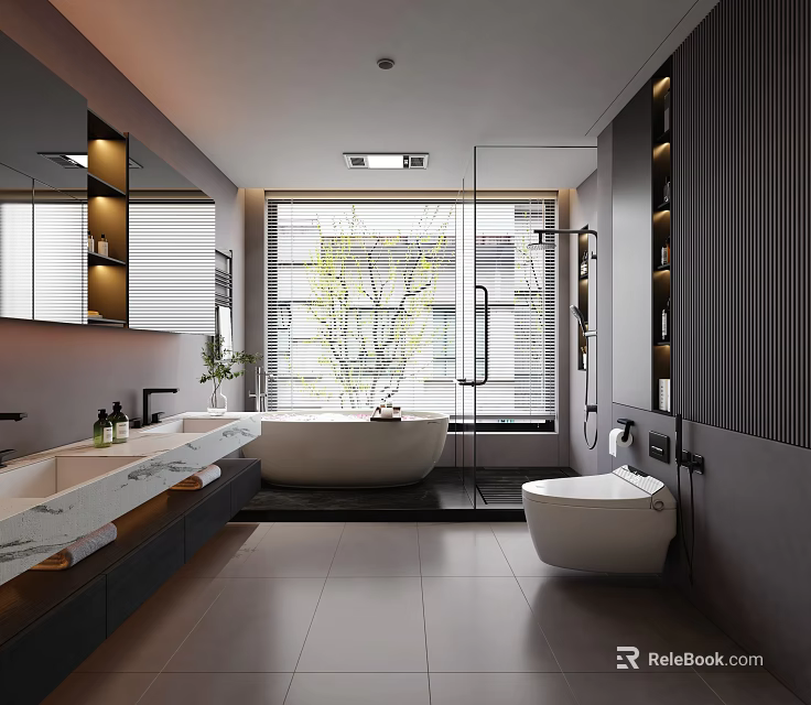 Modern Bathroom Interior With Double Marble Sinks Bathtub Wall-Mounted Toilet And Large Window 3d model 