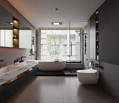 Modern Bathroom Interior With Double Marble Sinks Bathtub Wall-Mounted Toilet And Large Window 3d model