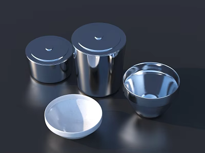Tableware Set Including Metal Lidded Containers White Plate And Silver Bowl 3d model