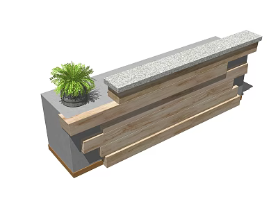 Modern Reception Desk Design With Wooden Panels Stone Countertop And Potted Plant 3d model