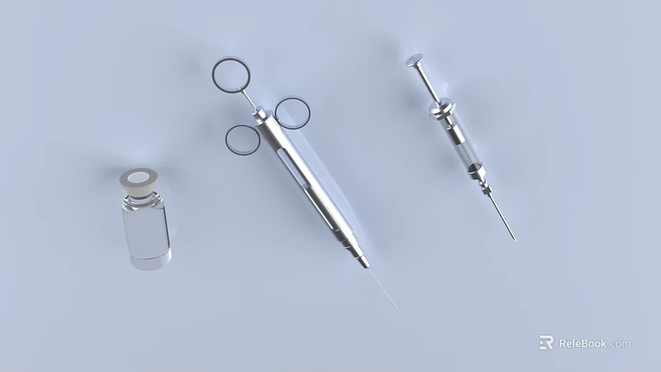 Stainless Steel Medical Instruments with Glass Syringe Standard Syringe and Vial on Light Blue Background 3d model 