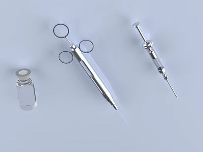 Stainless Steel Medical Instruments with Glass Syringe Standard Syringe and Vial on Light Blue Background 3d model