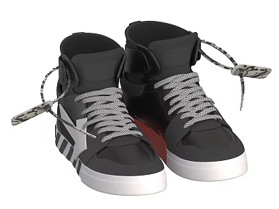 Fashionable Black High Top Shoes With Gray Laces White Sole And Side Stripes 3d model
