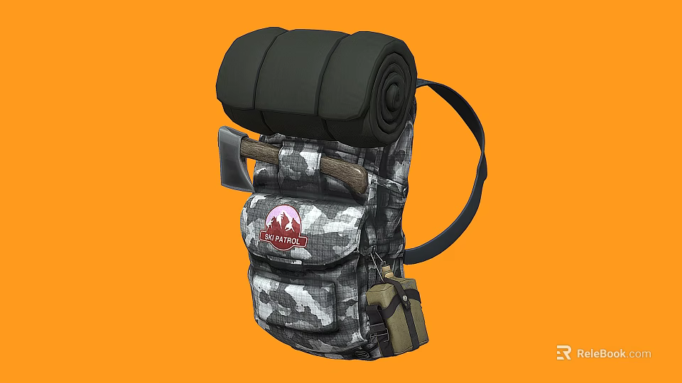 Durable Camo Backpack With Rolled Black Pad Axe And Red Logo 3d model 