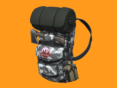 Durable Camo Backpack With Rolled Black Pad Axe And Red Logo 3d model