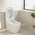 Modern Bathroom Combination with White Toilet Light Colored Walls Window and Plant Decoration