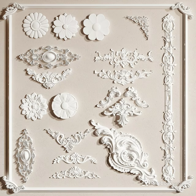 Various White Ornamental Carvings With Floral And Intricate Patterns For Interior Decoration 3d model 