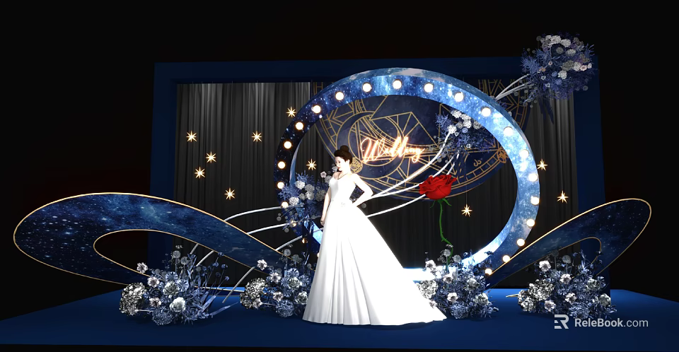 Banquet Hall with Blue Background Circular Decor Star Motifs Red Rose and White Flowers 3d model 