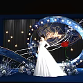 Banquet Hall with Blue Background Circular Decor Star Motifs Red Rose and White Flowers