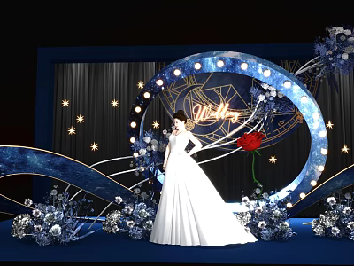 Banquet Hall with Blue Background Circular Decor Star Motifs Red Rose and White Flowers 3d model