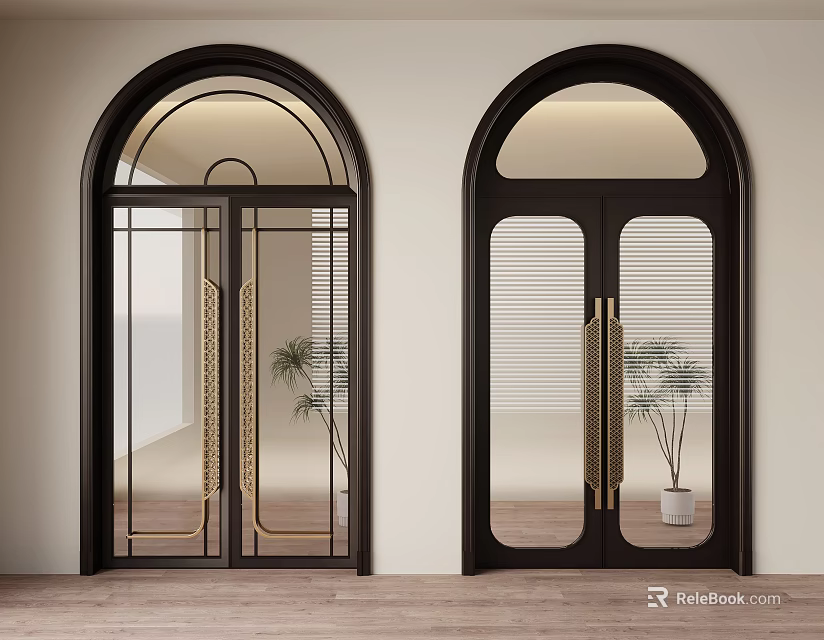 Dark Arched Double Doors With Gold Handles And Vertical Glass Panels 3d model 