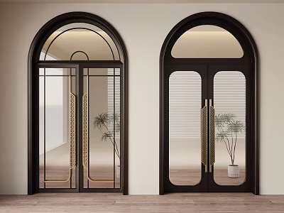 Dark Arched Double Doors With Gold Handles And Vertical Glass Panels 3d model