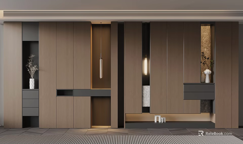 Modern Entryway Cabinet And Console Table Design With Wooden Panels And Pendant Lights 3d model 