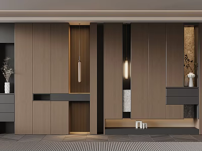 Modern Entryway Cabinet And Console Table Design With Wooden Panels And Pendant Lights 3d model