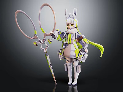 Mechanical Anime Rabbit Ear Character With Green Hair Tail Holding Ringed Weapon In Armored Outfit 3d model