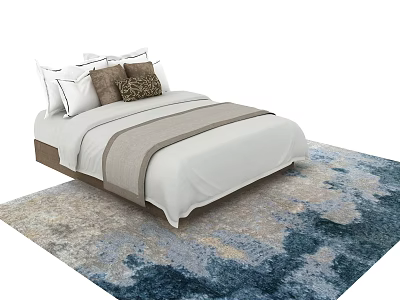 Double Bed with White Sheets Gray Runner and Patterned Brown Pillows on Blue Gray Rug 3d model