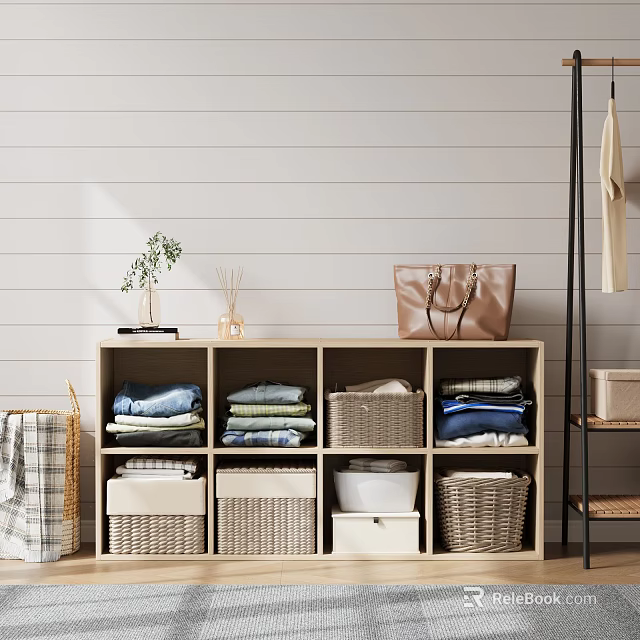 Organized Walk in Closet Interior With Wicker Baskets Folded Clothes And Handbag 3d model 