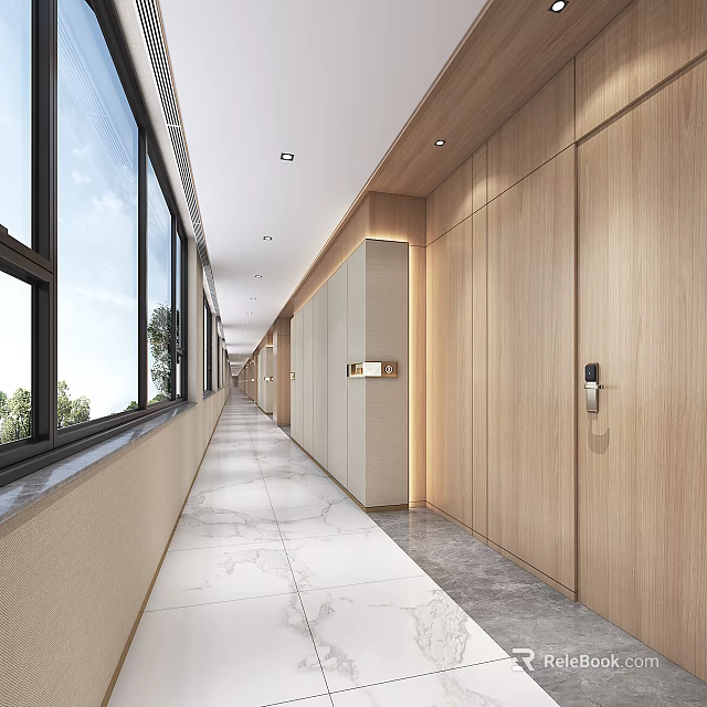 Modern Elevator Hallway With Wooden Panel Walls Marble Floor And Large Windows 3d model 