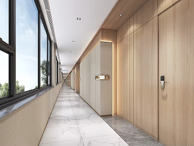 Modern Elevator Hallway With Wooden Panel Walls Marble Floor And Large Windows 3d model