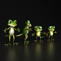 Aquatic Animals Four Green Cartoon Frogs With Different Poses On Black Background And Reflection