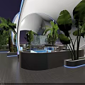 Futuristic Stunning Rooftop Night Lounge With Illuminated Pools Unique Domes And Lush Tropical Palm Plants
