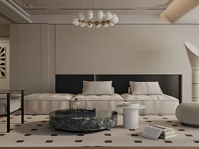 Minimalist Living Room Interior With Beige Sofa Marble Coffee Table And Chandelier 3d model