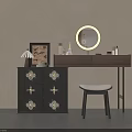 Elegant Vintage Wooden Dressing Table With LED Round Mirror Storage Cabinet And Comfortable Stool