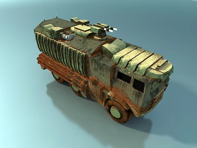Rusty Military Armored Vehicle With Heavy Armor Multiple Wheels Turret And Weapon 3d model