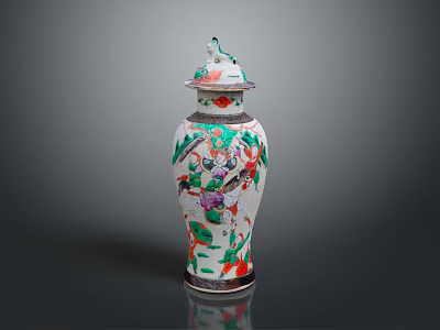 Traditional Ceramic Sculpture Vase With Colorful Floral And Bird Patterns Lid 3d model