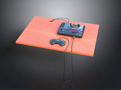 Black Game Console with Wired Controller on Wooden Platform and Connected Cables 3d model