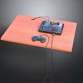 Black Game Console with Wired Controller on Wooden Platform and Connected Cables 3d model