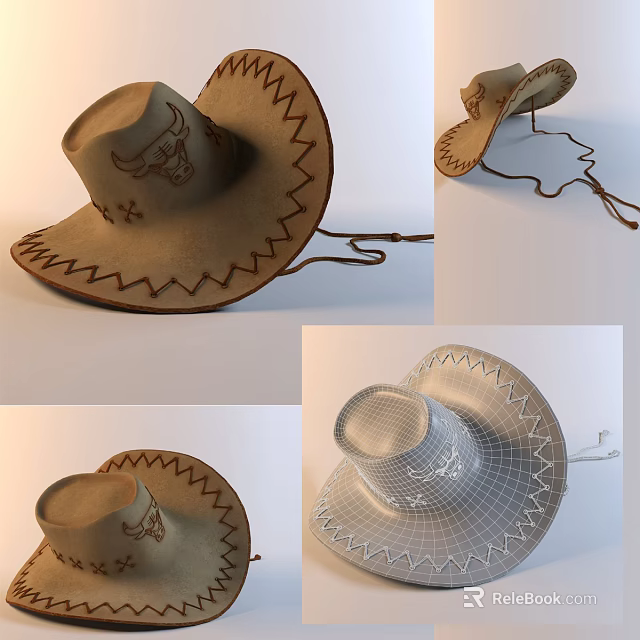 Brown Cowboy Hat with Bull Head Embroidery Stitching and Structured Design 3d model 