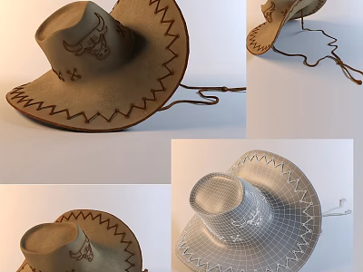 Brown Cowboy Hat with Bull Head Embroidery Stitching and Structured Design 3d model