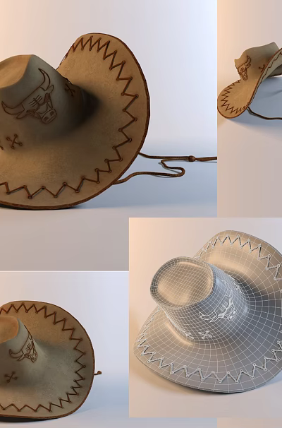 Brown Cowboy Hat with Bull Head Embroidery Stitching and Structured Design 3d model