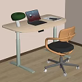 Adjustable Height Wooden Desk With Laptop Green Lamp And Ergonomic Chair